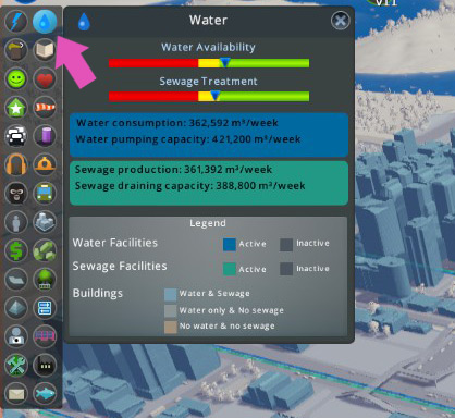 The Water info view (water drop icon on the info views panel) has information on both water availability and sewage treatment capacity. / Cities: Skylines