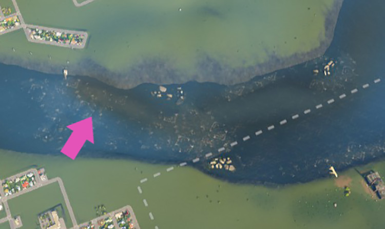 As more wastewater gets drained out to your bodies of water, it will also show up in normal view, turning your water murky brown. / Cities: Skylines