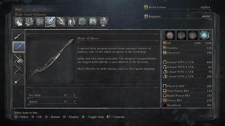 The Blade of Mercy’s item description / Bloodborne