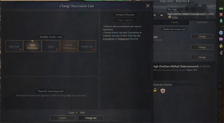 The gender succession law screen. Most games, like here, you’ll find yourself on the male preference side. This is not always the case though. / CK3