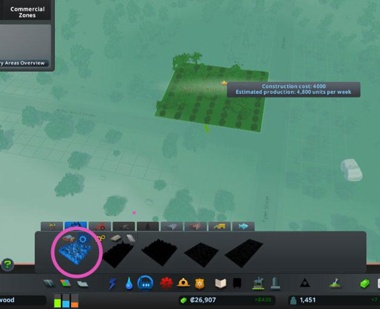 While still in the Forestry Industry tab, click on Extractor Buildings (the single gear icon), and select the small tree plantation. / Cities: Skylines