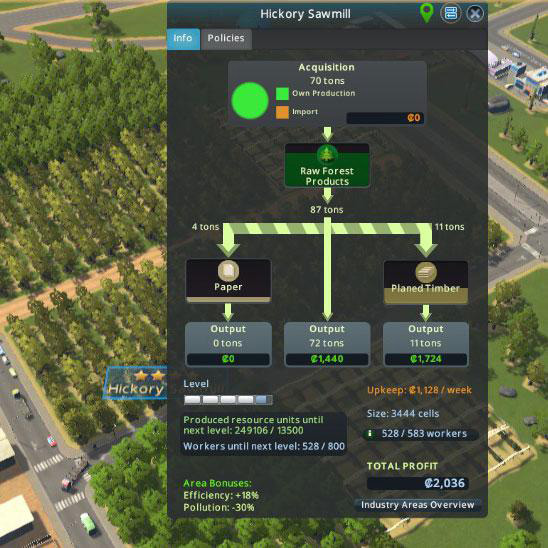 Clicking the name of your forestry industry area brings up an information panel; there you can see what you need to level up. / Cities: Skylines