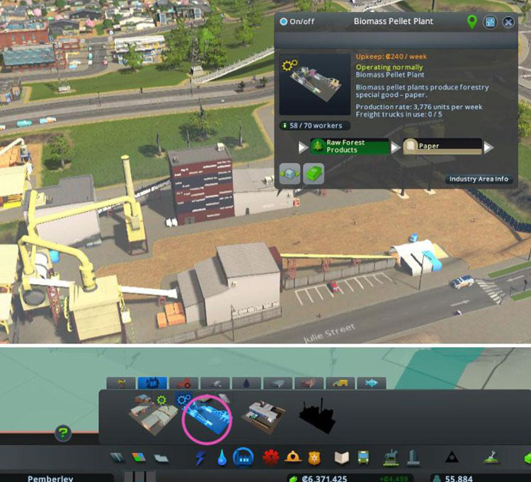 You’ll find the biomass pellet plant under Processing Buildings next to the sawmill. / Cities: Skylines