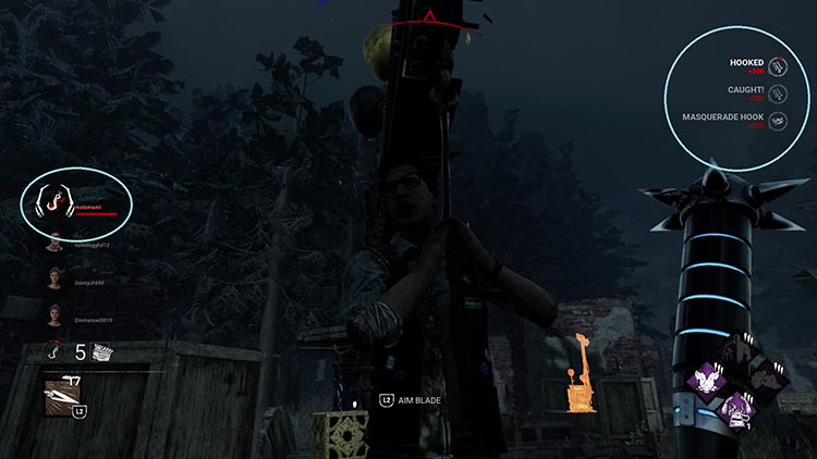 Obsession survivor on a hook with points awarded / Dead By Daylight
