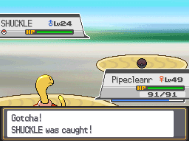 Using a Love Ball to successfully catch a wild Shuckle / Pokémon HGSS