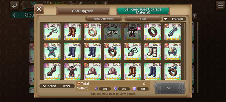 Sell Gear Page / Echoes of Mana