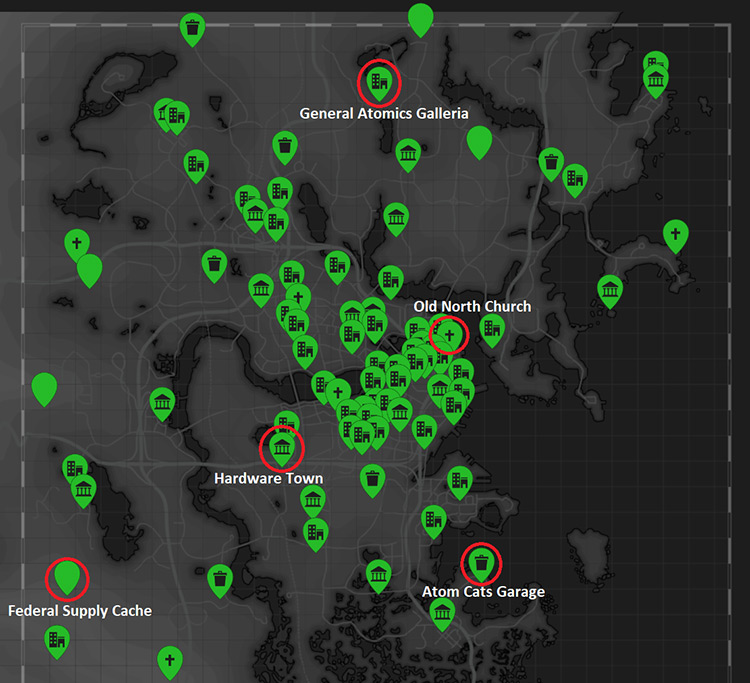The location of the best spots to farm lead from / Fallout 4