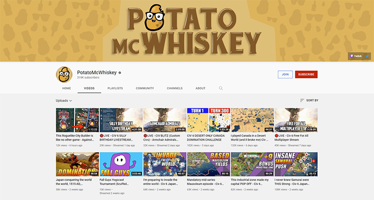 PotatoMcWhiskey YouTube channel page screenshot