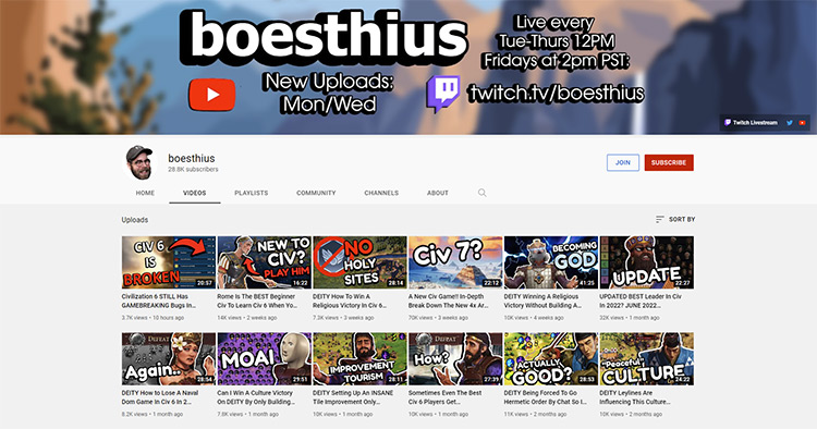 Boesthius YouTube channel page screenshot