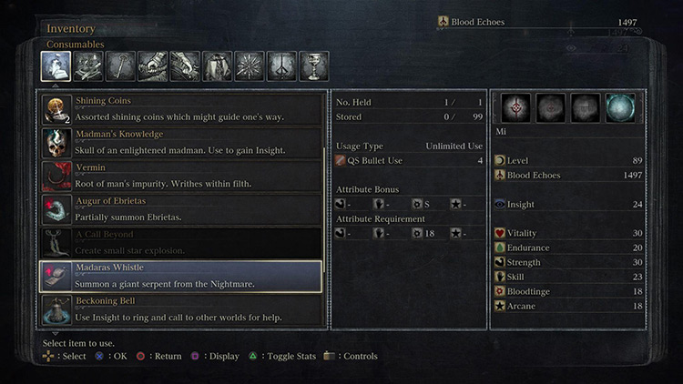 The Madaras Whistle in the inventory / Bloodborne