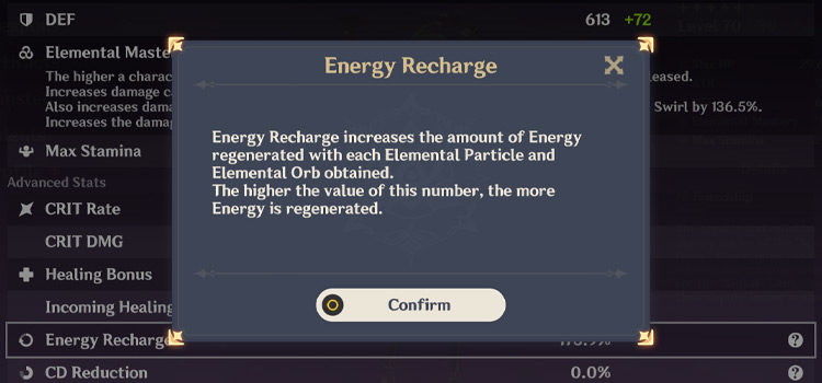 Energy Recharge Screen in Character Stats (Genshin)