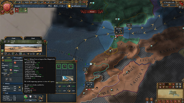 The province of Gharb would be a good target to dump monarch points destined for province development / EU4