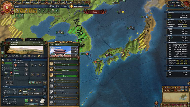 Colonialism spawning in Hanseong in a Korean campaign / EU4