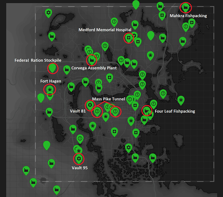 The location, on the map, of the best spots to farm aluminum / Fallout 4