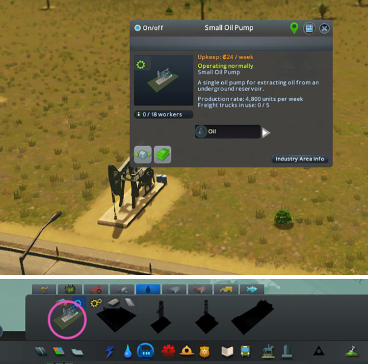 The Small Oil Pump is under Extractor Buildings in the Oil Industry menu tab. / Cities: Skylines