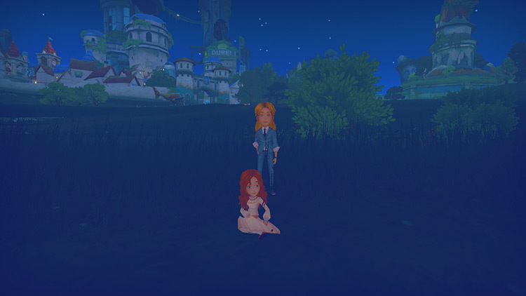Ginger sitting by the river with Gust / My Time at Portia