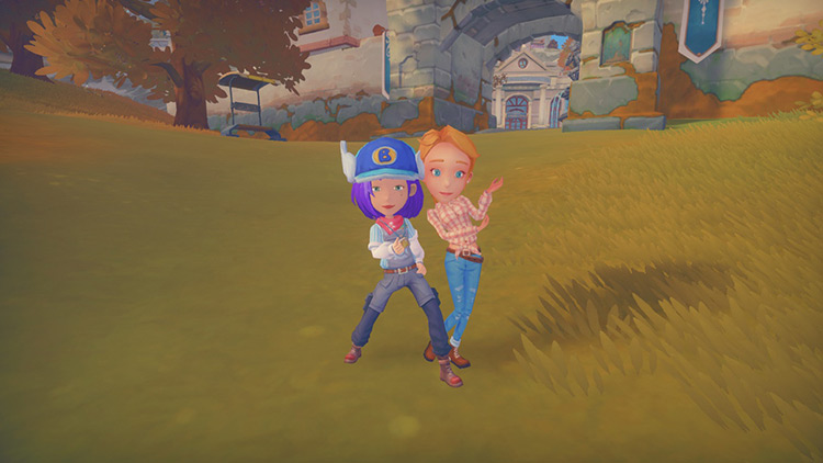Emily posing with the player on her walk to Sophie’s Ranch / My Time at Portia