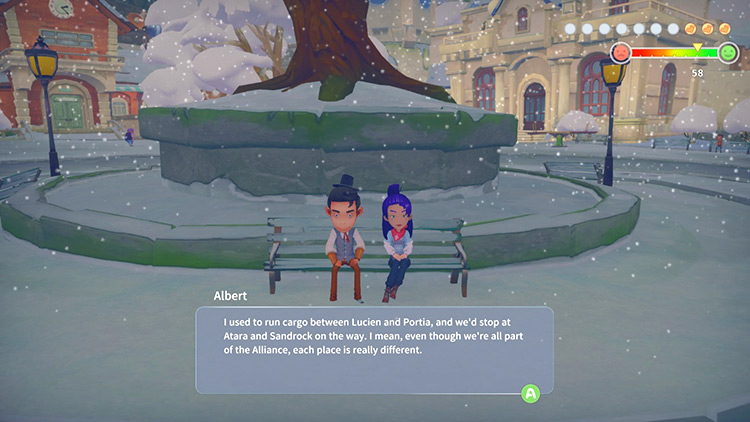 Albert sitting on a bench in Central Plaza / My Time at Portia