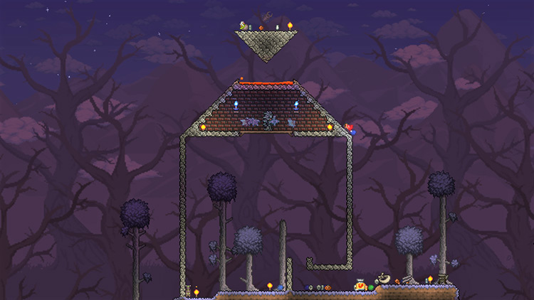 The farm after the lava and water candle are placed / Terraria