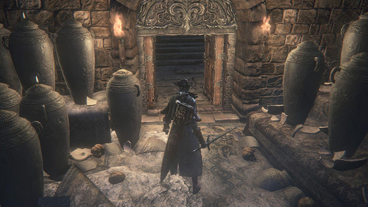 The way into the Upper Cathedral Ward, unlocked after a lengthy journey to find the key / Bloodborne