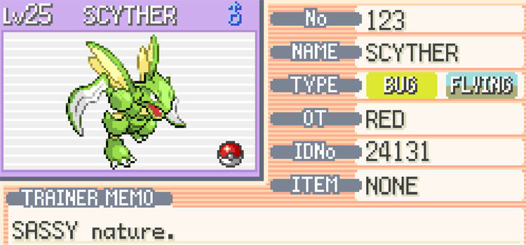Scyther Pokedex Summary in FireRed
