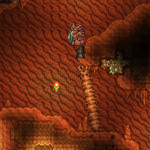 A Tomb Crawler in the Underground Desert biome under the player / Terraria
