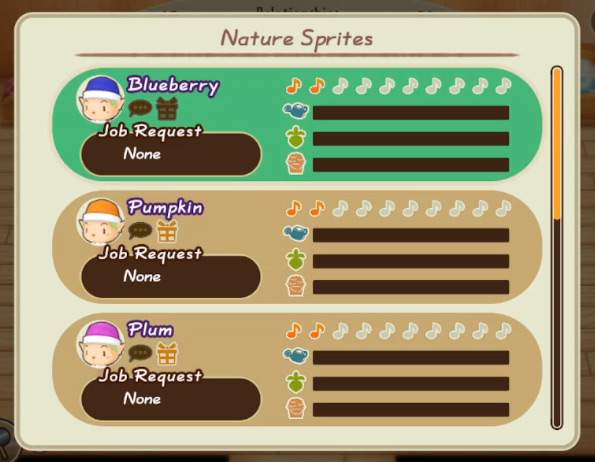 Interface of the Nature Sprites friendship menu which indicates your friendship level with musical notes / SoS: FoMT