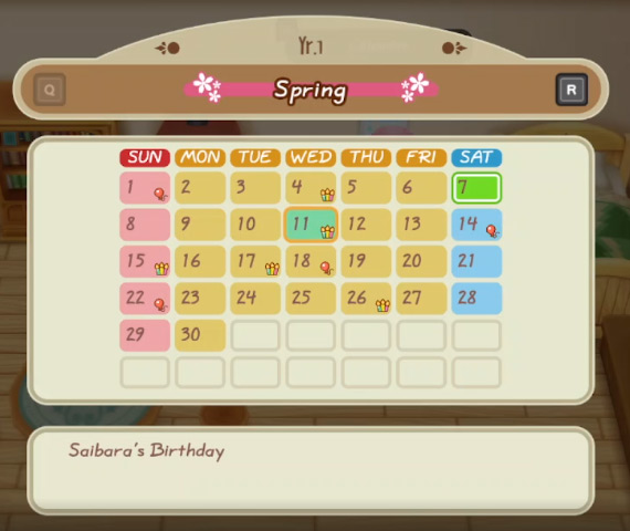 Interface of the seasonal calendar, with Spring 11th (Saibara’s birthday) selected / SoS: FoMT