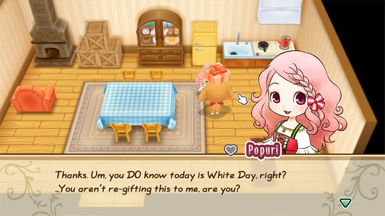 The farmer gives Popuri a wrapped box of cookies on White Day / SoS: FoMT