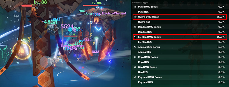 (1) Kazuha swirling opponents with both a Hydro and Electro aura (2) Kazuha proccing both Hydro and Electro damage bonus buffs / Genshin Impact