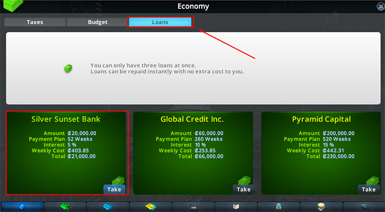 An example budget menu in the loan section / Cities: Skylines