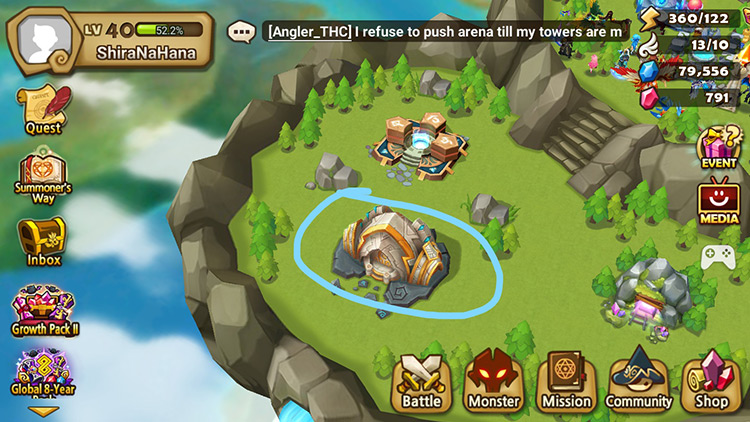 Crafting Building circled in blue / Summoners War