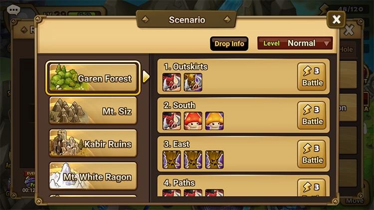 Story areas are listed on the left / Summoners War