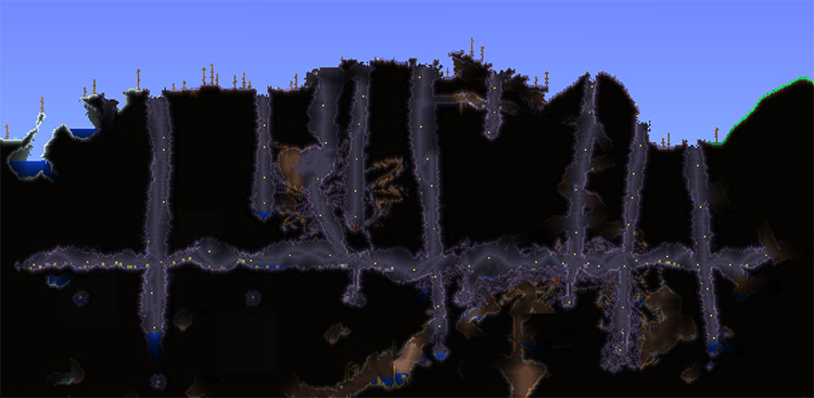 Map view of an average Corruption biome appearance / Terraria