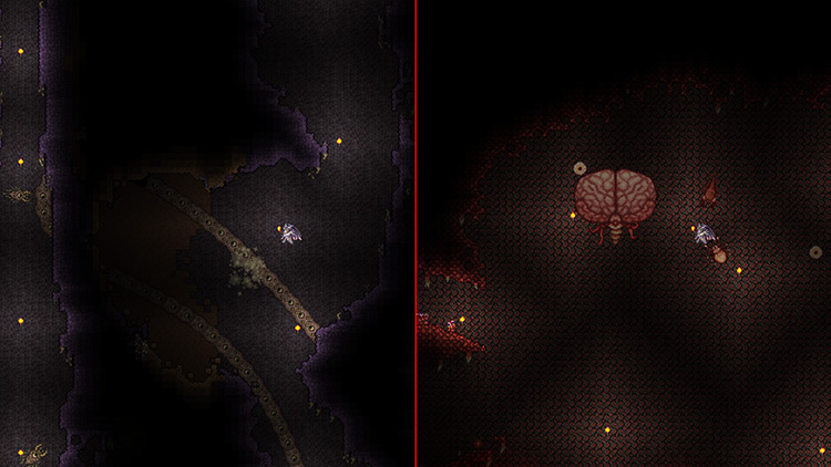 Comparison of the Eater of Worlds and the Brain of Cthulhu bosses / Terraria