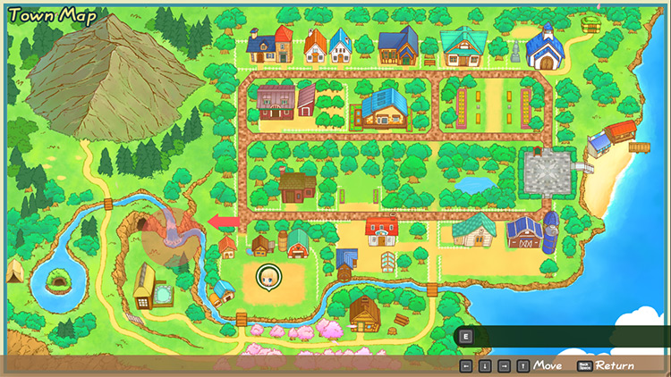 The map of Mineral Town with the Harvest Goddess’ waterfall encircled / SoS: FoMT