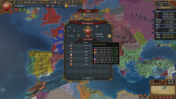 The potential provinces for new cardinals, shown when hovering over the active cardinals in the Papal interface / EU4