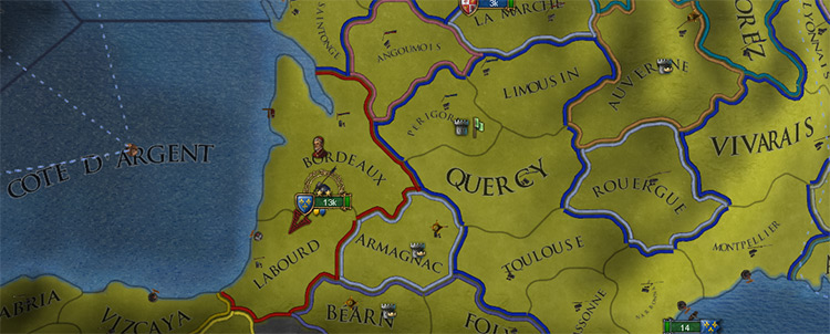 Conquering Bordeaux from England as France gives you an early extra Cardinal / EU4