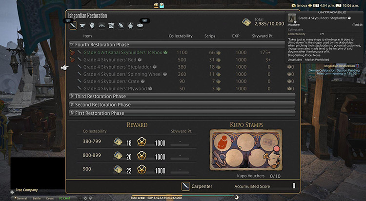 Different Level Collectibles reward varying amounts of Skyscrips. / FFXIV