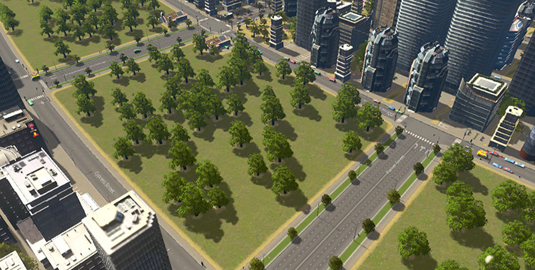 A section of a city with commercial zones separated from residential zones by trees / Cities:Skylines