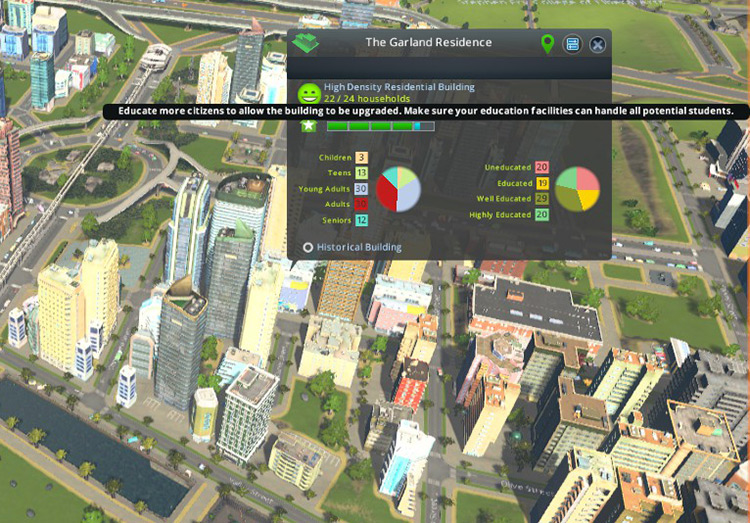 The level progress bar will inform you if the building needs its residents to gain more education / Cities: Skylines