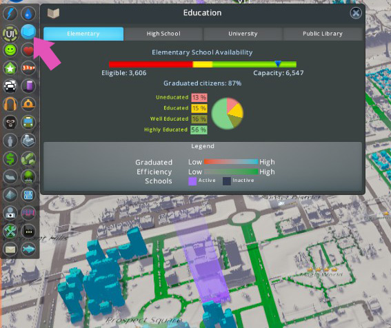 The education view lets you see your city’s total student capacity for elementary, high school, and university, as well as the visitor capacity for libraries / Cities: Skylines