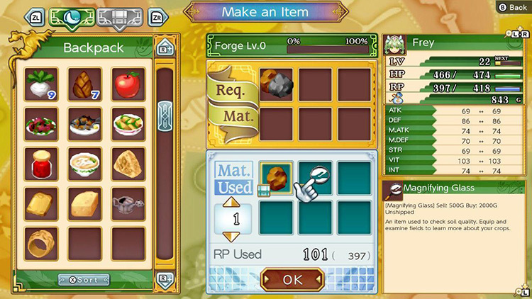 Foraging menu with the cursor on the magnifying glass that has been added to the recipe / RF4