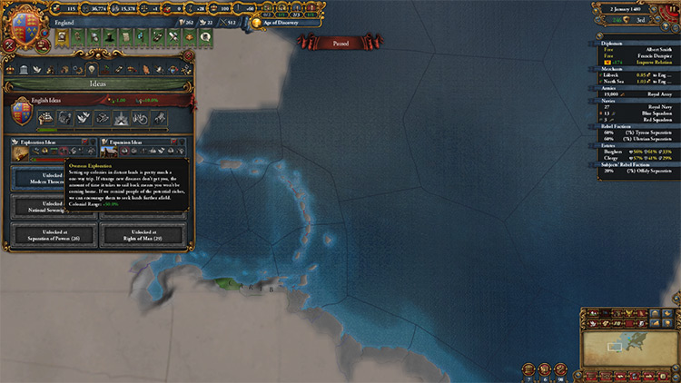 The idea groups unlocked as England in 1480. With the 3rd idea from exploration and tech 7 you can reach the Caribbean without colonizing anything else. / EU4