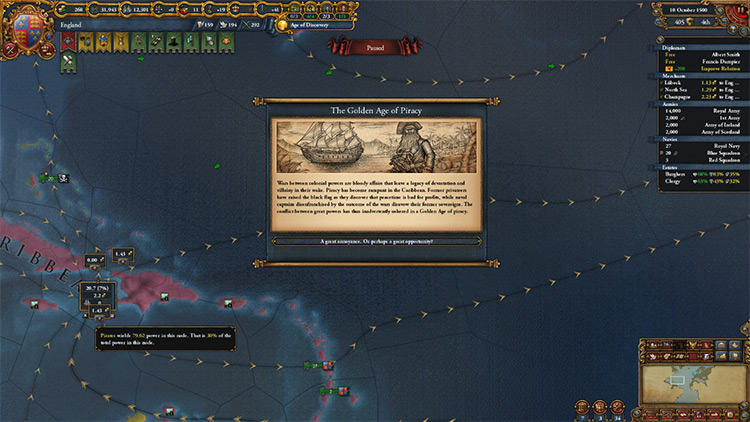 The event in question. You can see 30% privateering trade power in the bottom left. / EU4