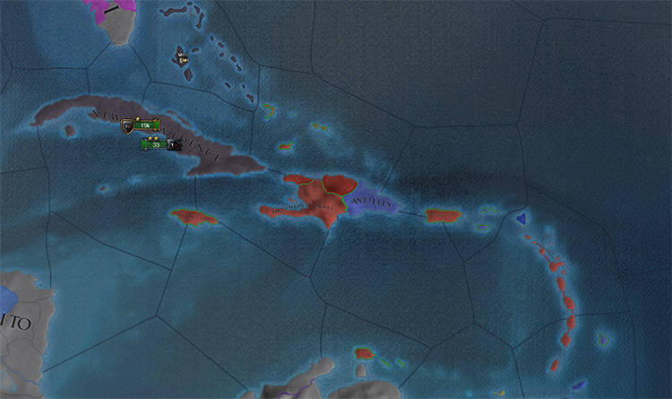 The caribbeans fully colonized by France and England. Bermuda was conquered from Portugal in this campaign. / EU4