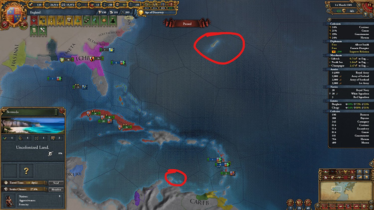 Bermuda in the north and Aruba in the south, circled in red. Both are needed for the unique achievement. / EU4