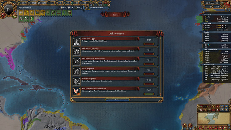 The Yarr Harr a Pirate's Life For Me achievement done. / EU4