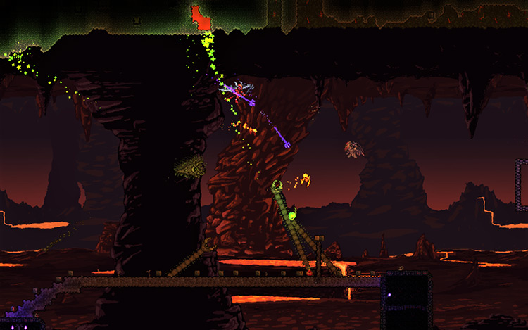Enemies swarming the player with a Hero Shield in the Underworld / Terraria