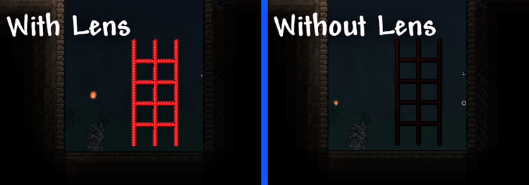 Comparison of wire appearance with and without the Mechanical Lens / Terraria